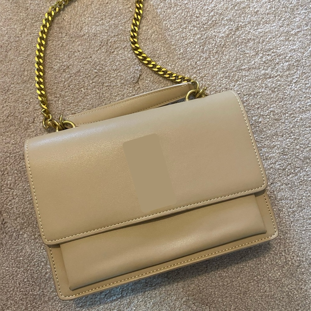 Beige Leather Shoulder Bag with Gold Chain Strap